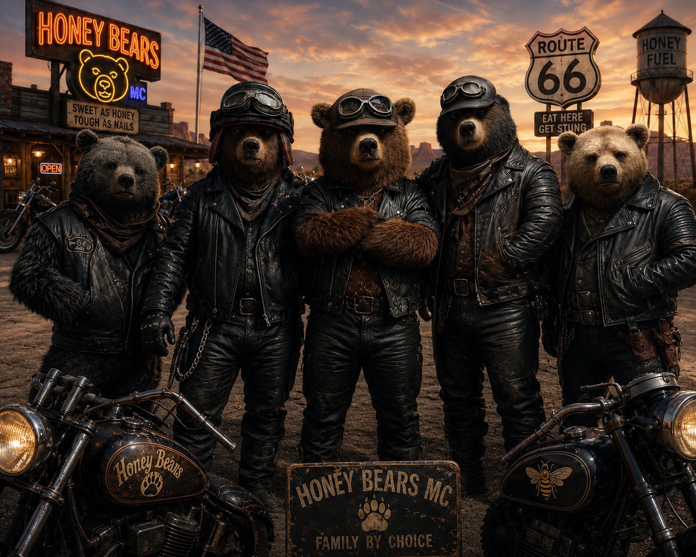 The Honey Bears MC mural โ five bears in leather jackets with motorcycles at sunset on Route 66