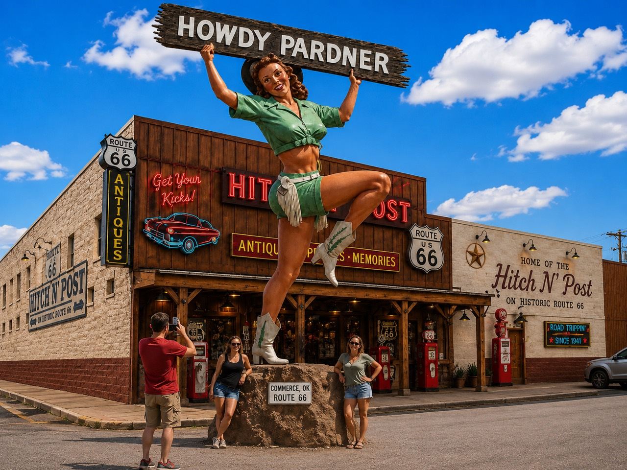 Howdy Partner mural preview outside Hitchin Post in Commerce, Oklahoma